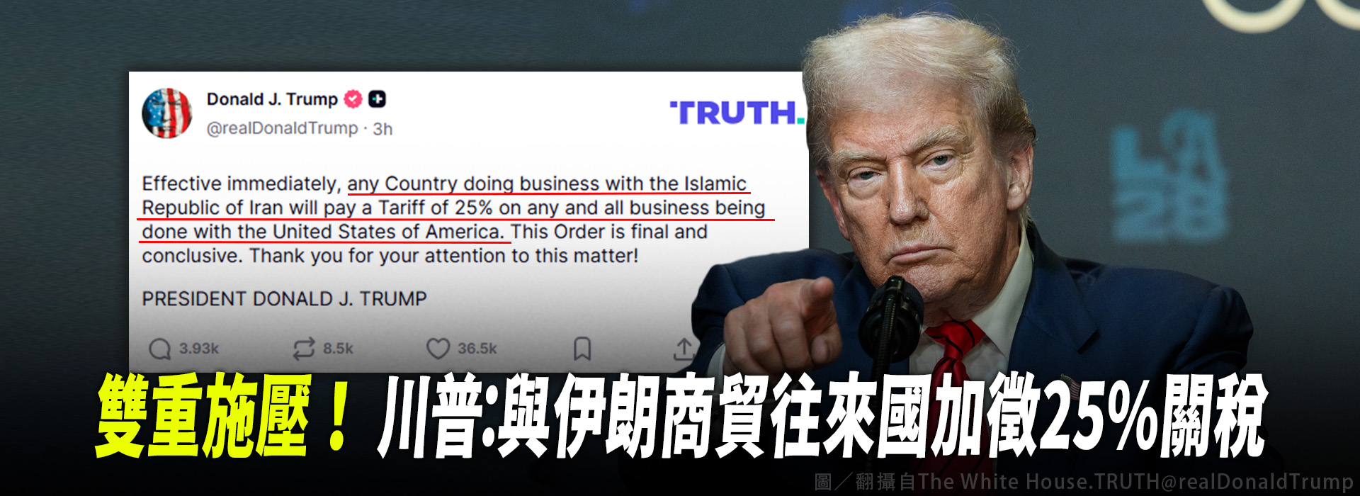 雙重施壓！ 川普：與伊朗商貿往來國加徵25%關稅