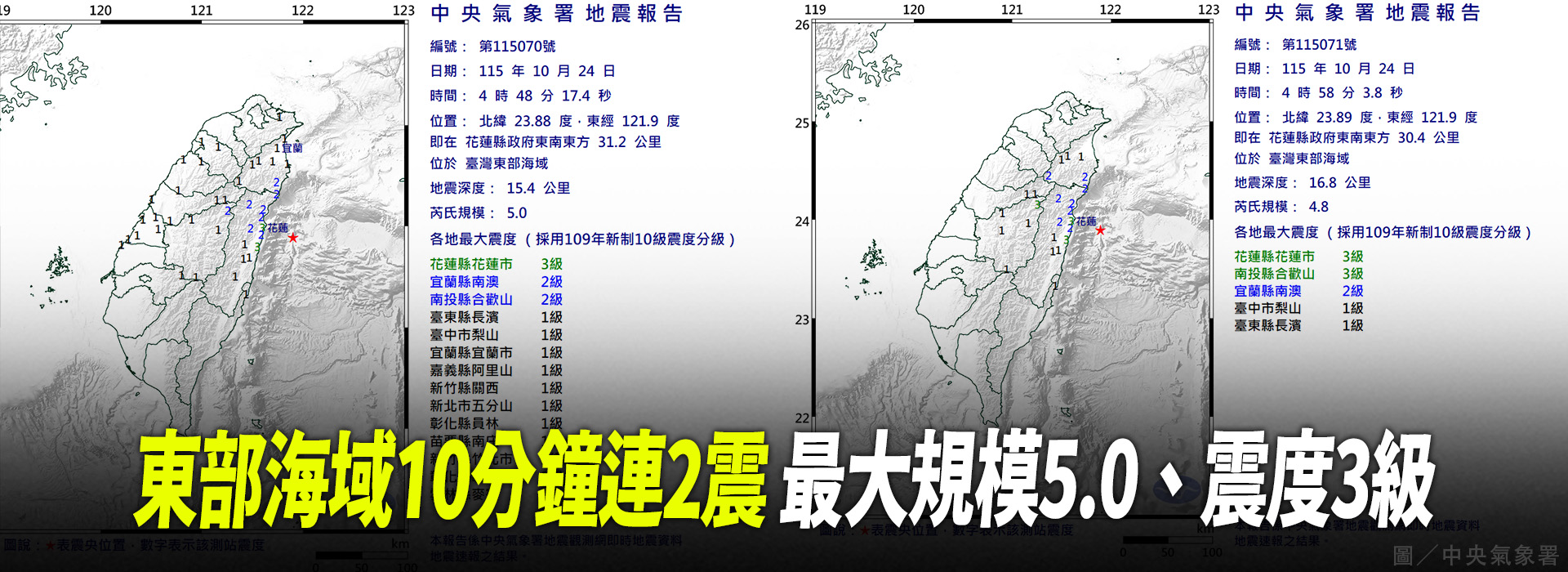 東部海域10分連兩震 規模5.0、4.8 震度3級