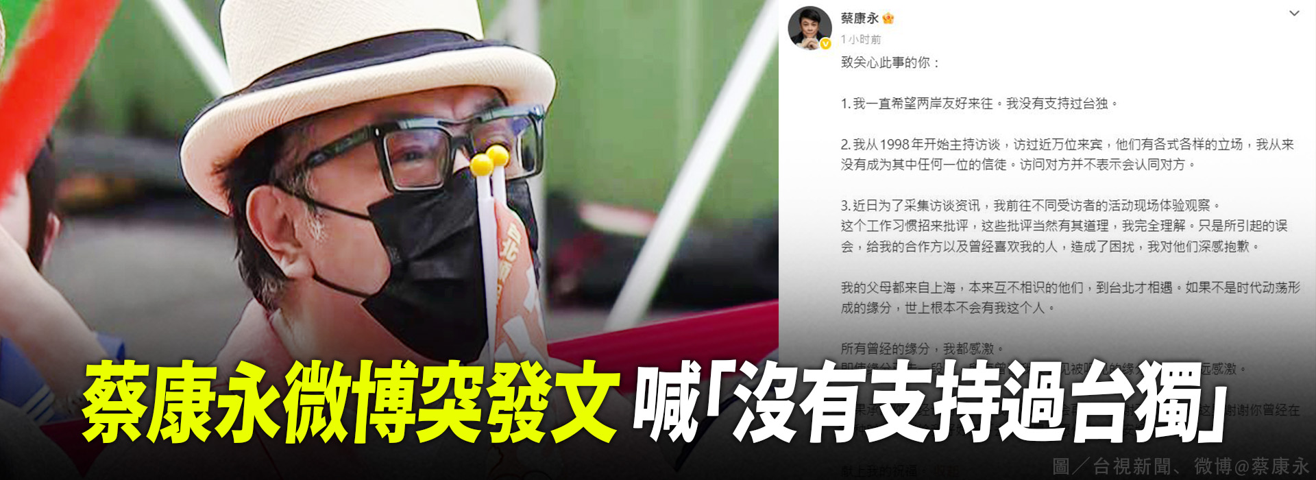 蔡康永微博突發文 喊「沒有支持過台獨」