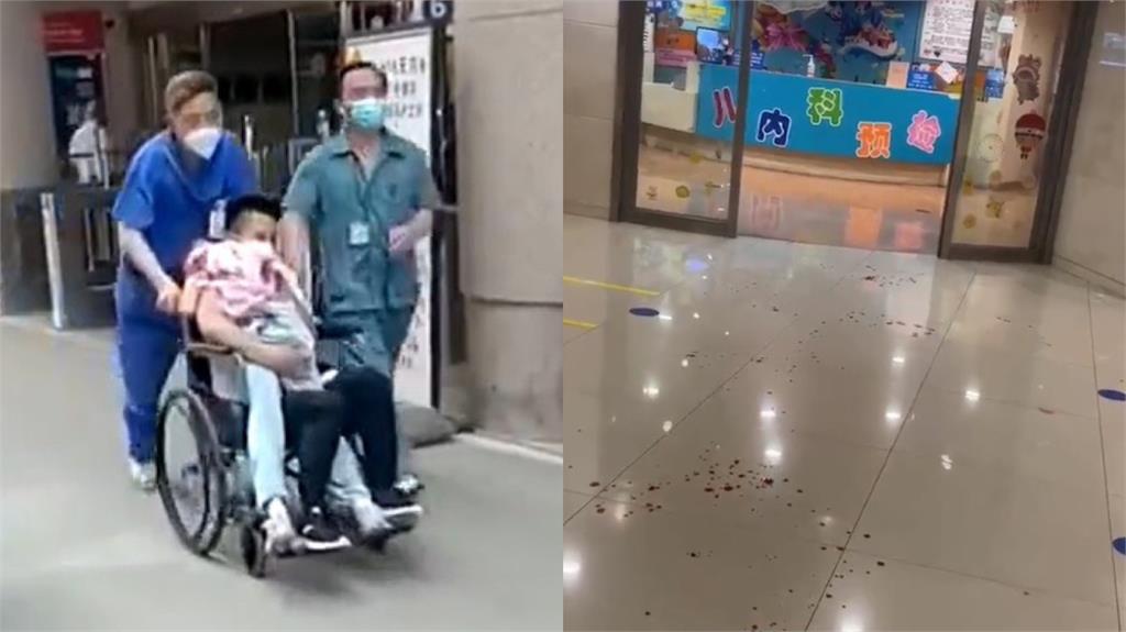 上海瑞金醫院男持刀砍人，其中還有孩童受傷，現場血跡斑斑。圖／翻攝自推特