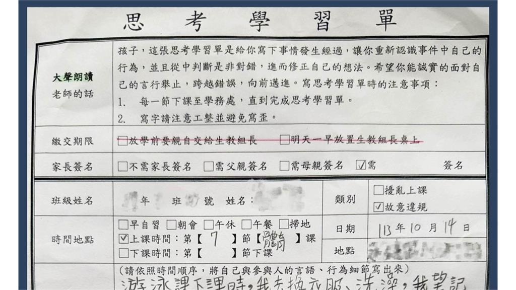 台北市國小女更衣室被男同學誤闖，女學生被要求寫悔過書。圖／議員鍾沛君提供