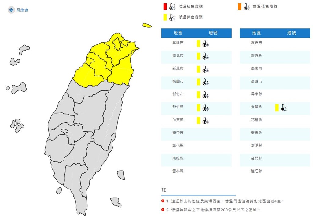 中央氣象局針對15縣市發布低溫特報。圖：中央氣象局
