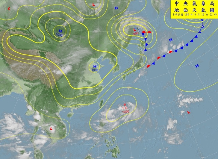 熱帶性低氣壓移動緩慢，未來2日最接近台灣。圖：氣象局