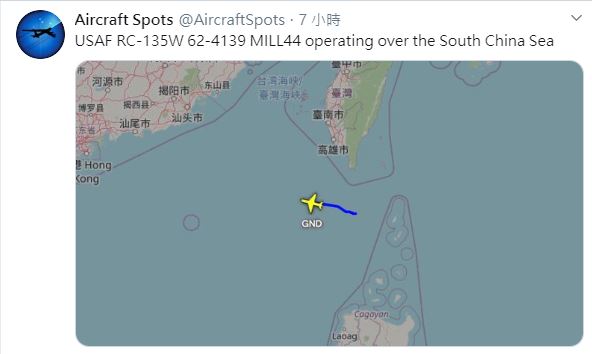 美軍RC-135W電偵機今上午現蹤台灣南部海域。圖：翻攝自Aircraft Spots推特