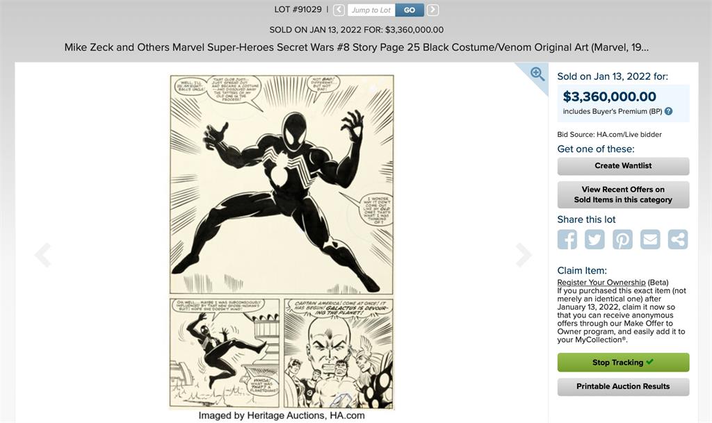 蜘蛛人單頁漫畫拍賣，以新台幣9257萬元成交。圖／翻攝自Twitter@HeritageAuction
