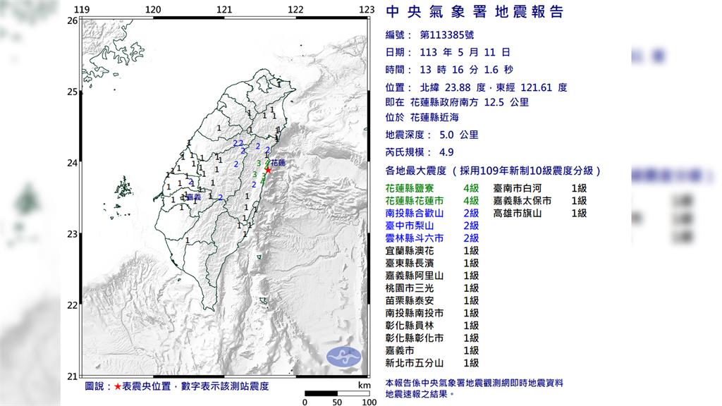 花蓮1分鐘內連2震　最大規模4.9震度4級