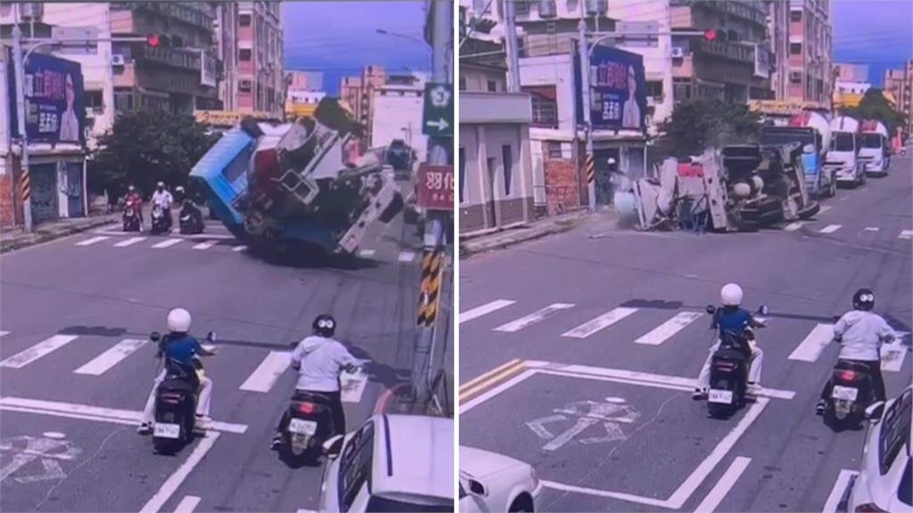 新竹水泥預拌車轉彎失控翻路中！ 驚悚畫面曝光騎士跳車逃命