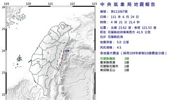 東部區域04:21規模4.5地震  06:32發...