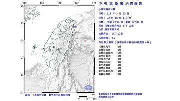 連2震！22：18東部海域規模5.0地震 最大震...