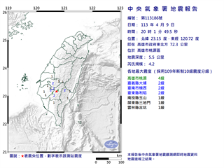 高雄20:01規模4.2地震　最大震度4級