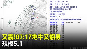 又震！07:17花蓮發生規模5.1地震 最大震度...