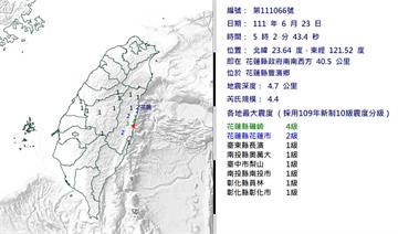 花蓮豐濱5:02規模4.4地震 最大震度4級
