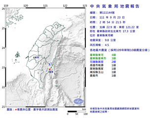 台東凌晨2:54地震 規模4.5、最大震度4級