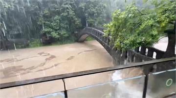 南投杉林溪野溪水暴增！ 園區步道成小瀑布、泥水漫流到路面