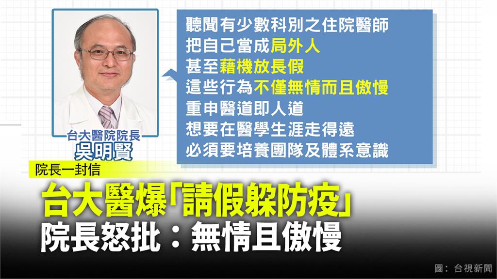 台大醫爆「請假躲防疫」   院長怒批：無情且傲慢