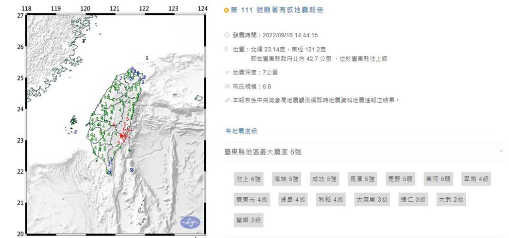 台東池上規模6.8地震　氣象局：這才是主震