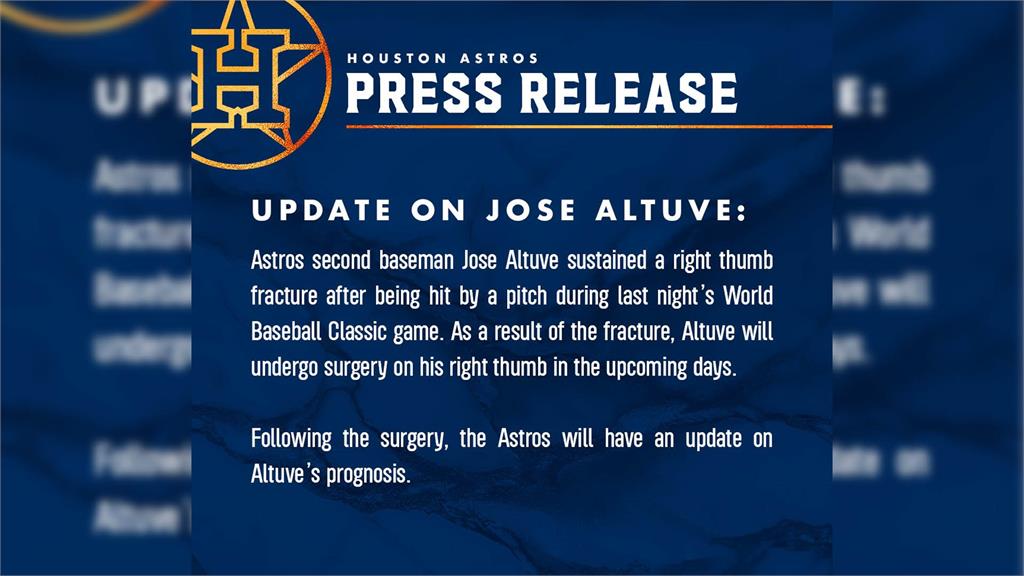 美國職棒休士頓太空人球團公布阿圖維傷勢。圖／翻攝自Twitter@astros