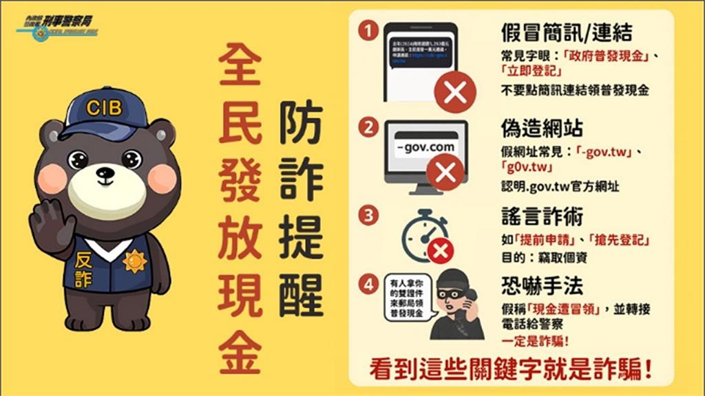 刑事局呼籲，政府普發現金不會透過簡訊連結或要求輸入帳戶資料。圖／刑事警察局提供