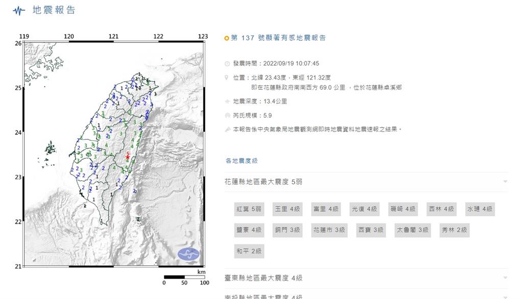 花蓮縣卓溪鄉10:07發生地震，規模5.9。圖／台視新聞