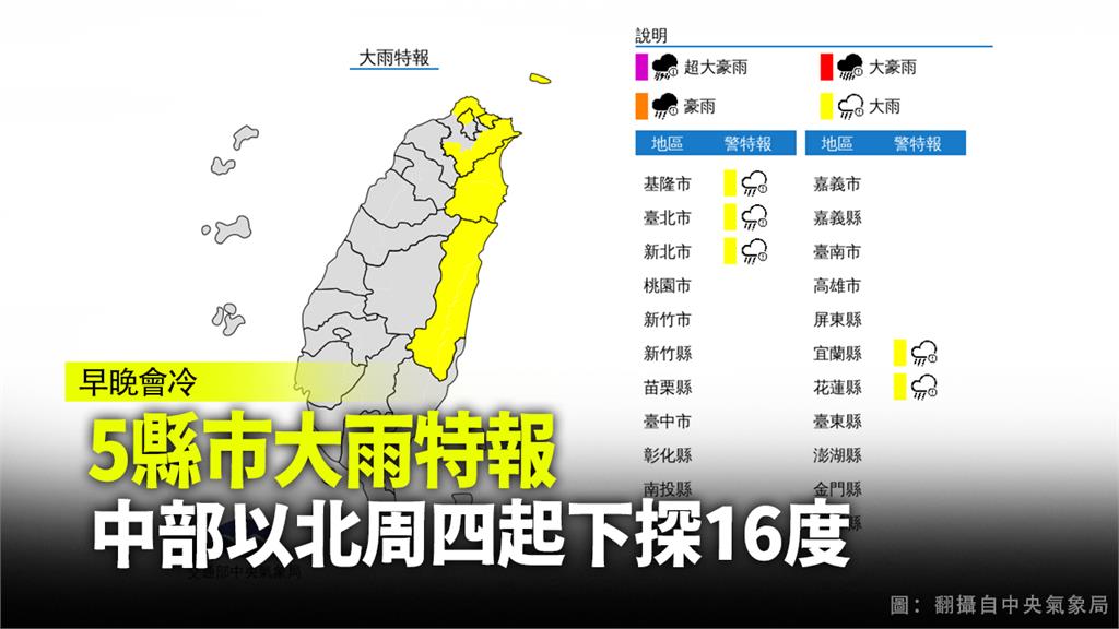 氣象局今針對基隆市、台北市、新北市、宜蘭縣、花蓮縣發布大雨特報。圖：翻攝自中央氣象局