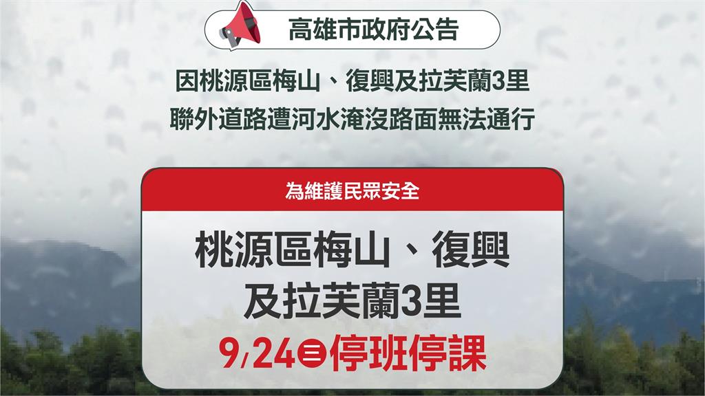 高雄桃源區梅山、復興及拉芙蘭3里24日停止上班、停止上課圖／高雄市政府 Kaohsiung City Government臉書