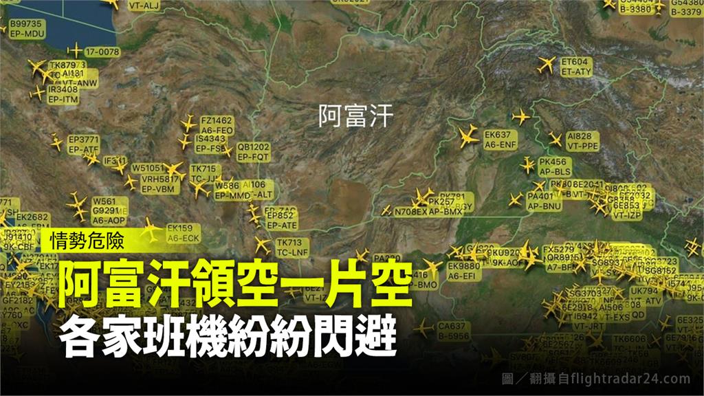 航空公司紛紛更改航線，避開阿富汗領空。圖／翻攝自Flightradar24