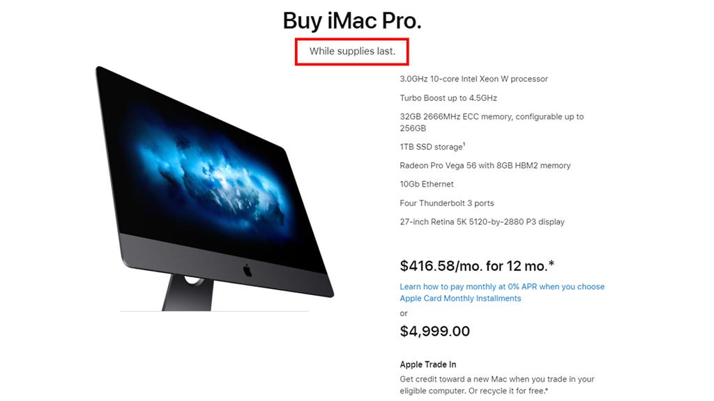 蘋果官網iMac Pro出現「售完為止」字樣。圖／翻攝自Apple官網