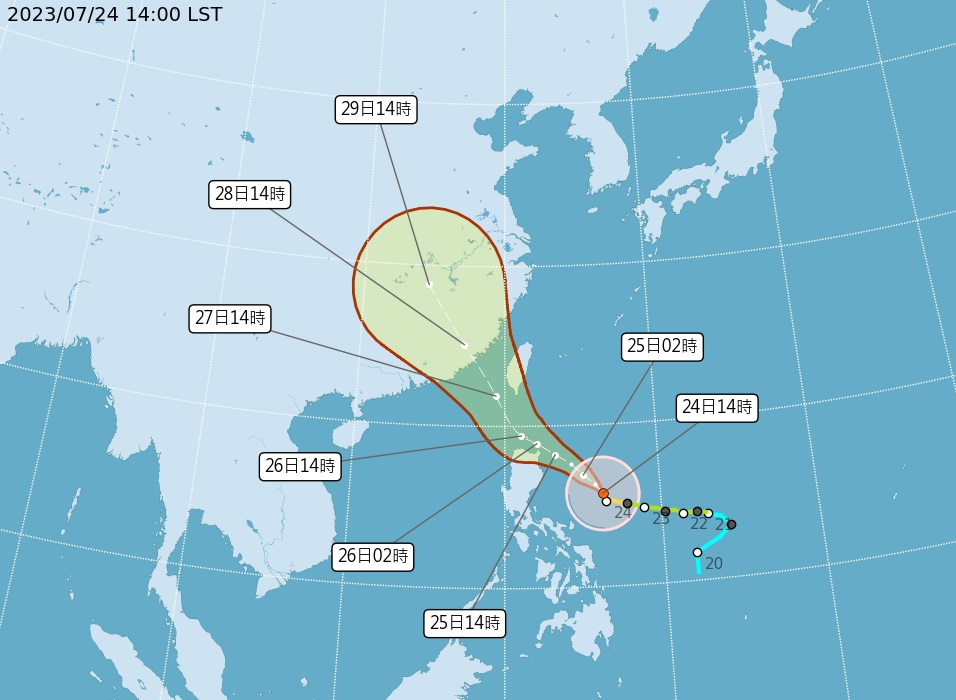 杜蘇芮颱風路徑潛勢預測圖。圖／中央氣象局