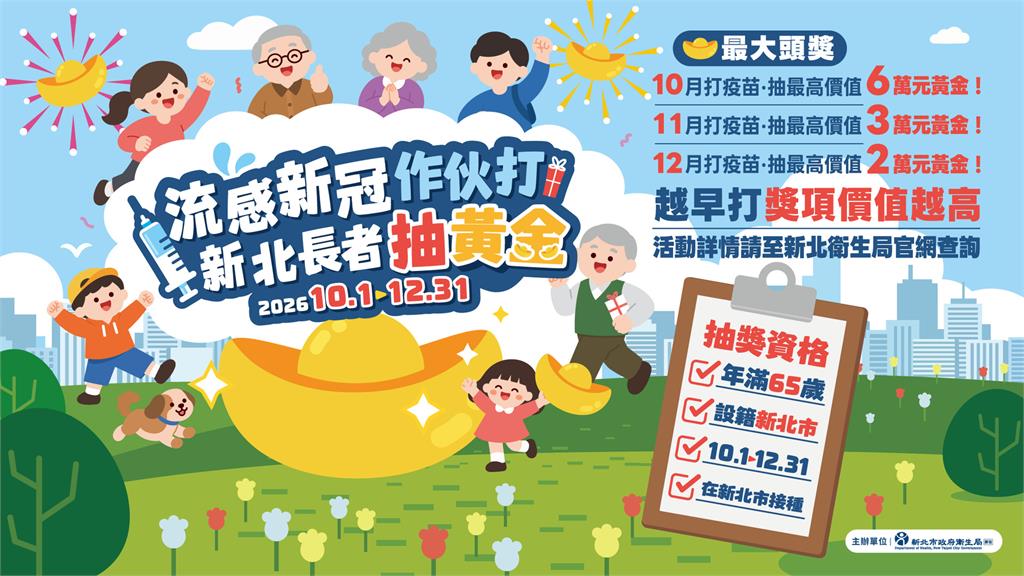 流感新冠作伙打，新北長者抽黃金！10/31前施打皆可抽6萬大獎