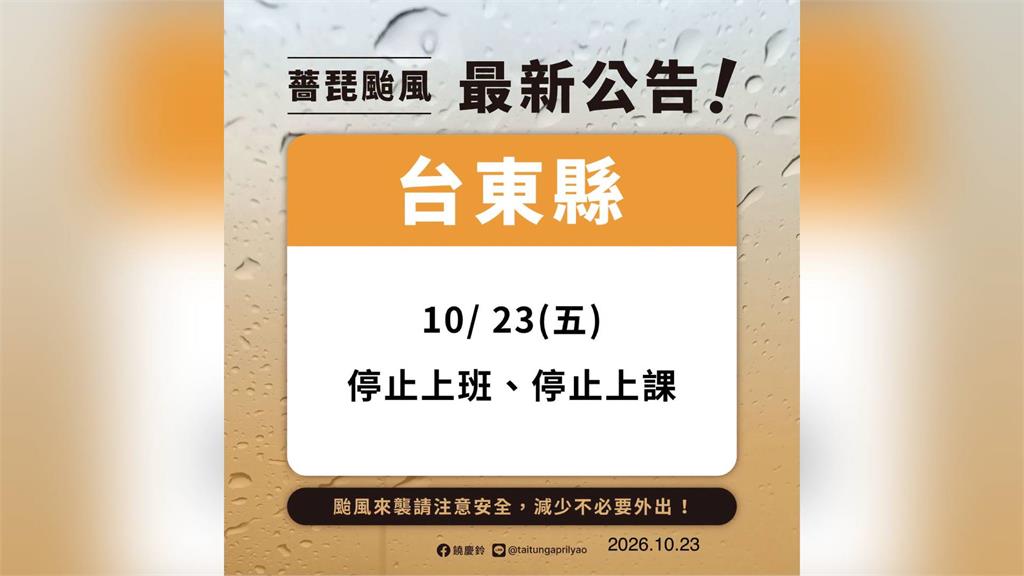 台東清晨急轉彎宣布颱風假 10/23停止上班上課  