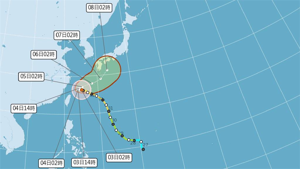 卡努颱風路徑潛勢預測圖。圖／翻攝自中央氣象局