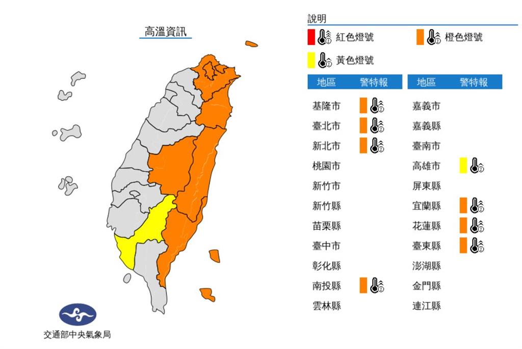 氣象局針對8縣市發布高溫警示。圖：翻攝自中央氣象局