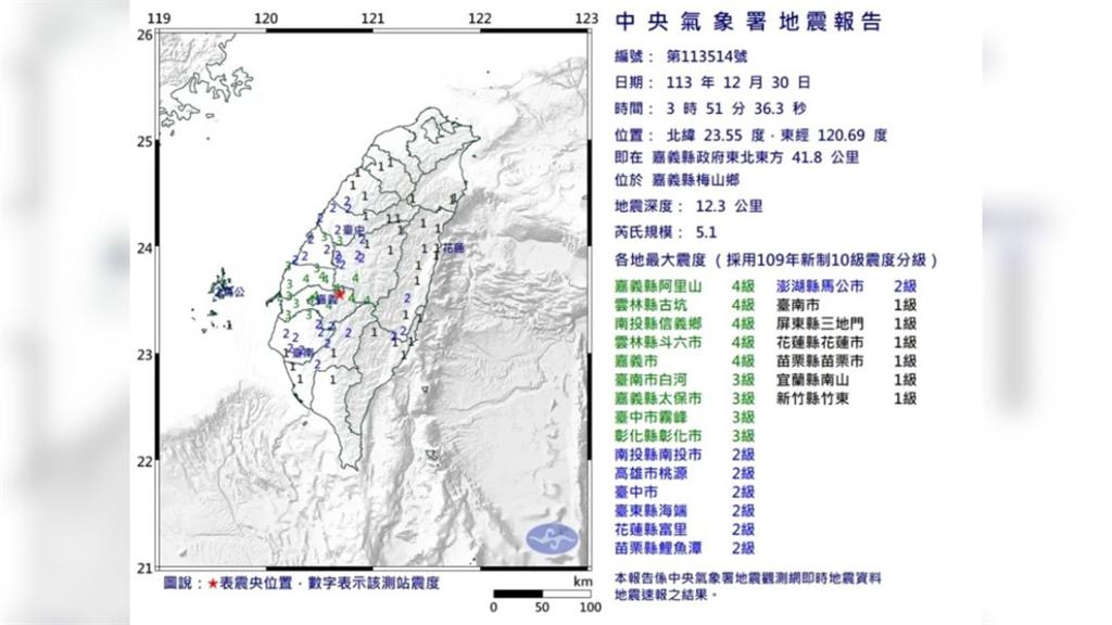 嘉義梅山今凌晨發生規模5.1，深度12.3公里極淺層地震。圖／中央氣象署