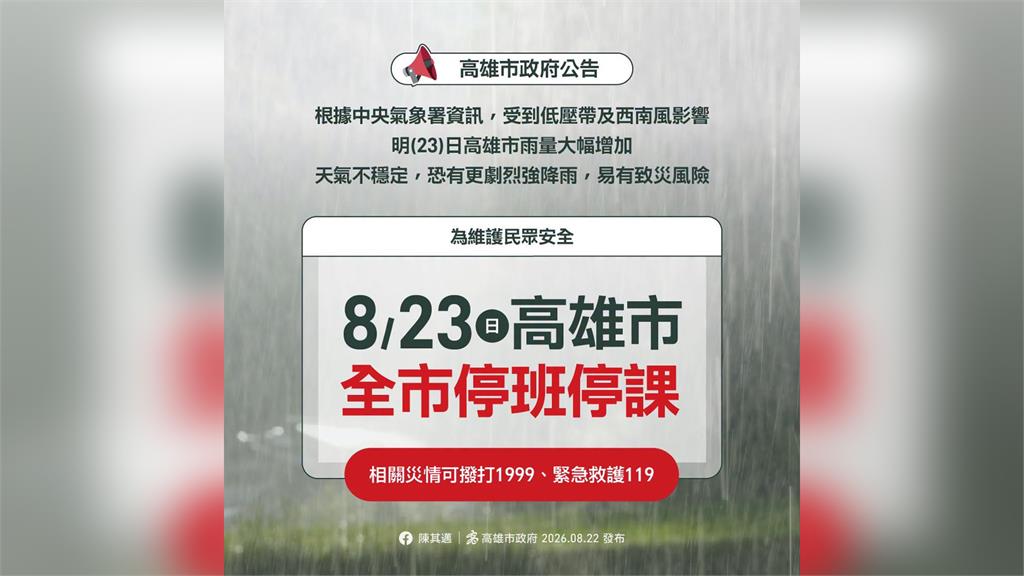 雨彈狂炸！ 高雄市宣布明天停班停課