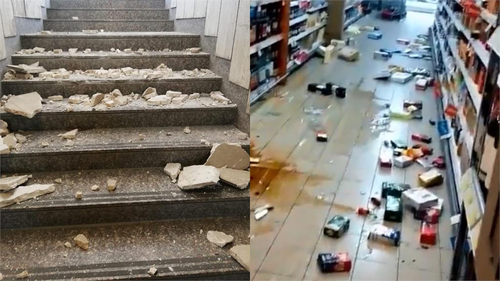 義大利規模5.7地震，超市酒瓶、地鐵石柱碎片掉一地。圖／翻攝自推特@clabotta86j、@francescoameli