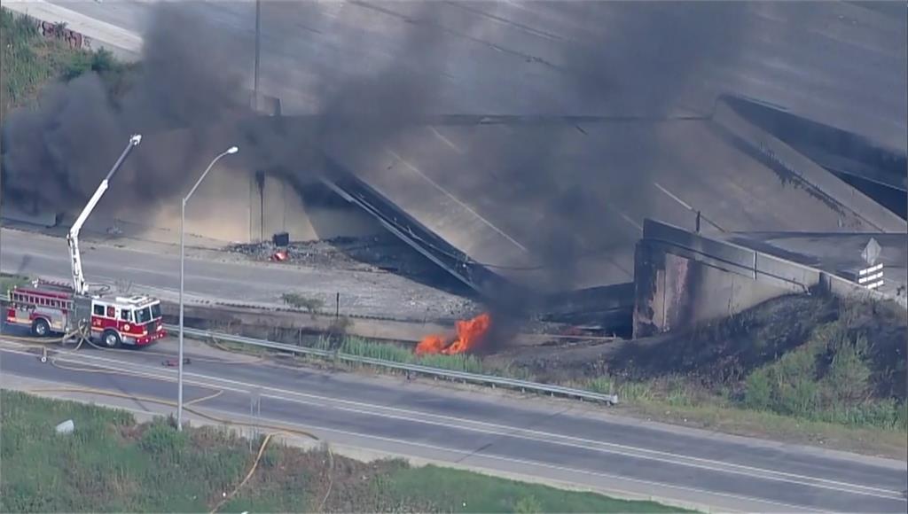 油罐車橋下起火，美國最繁忙公路之一坍塌。圖／路透社、美聯社