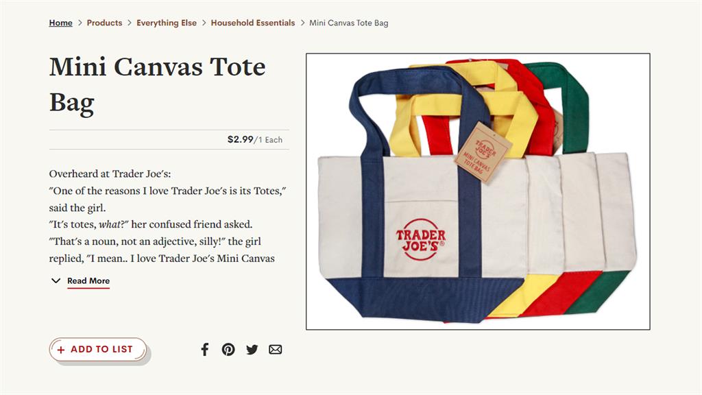 喬氏超市推出一款共4個顏色的限量版帆布袋，價格從不到百元台幣，被炒作到上萬元。圖／翻攝自traderjoes.com