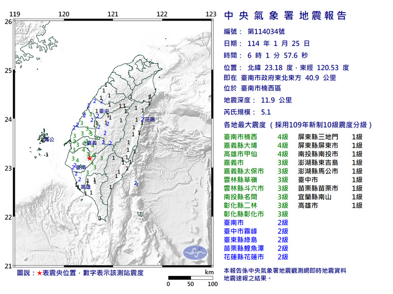 台南市楠西區06時01分發生芮氏規模5.1有感地震。圖／中央氣象署提供