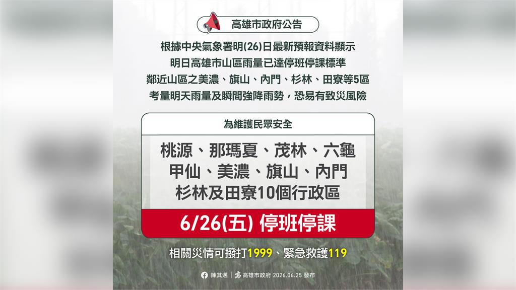 高雄市宣布 明天「10行政區」停班停課