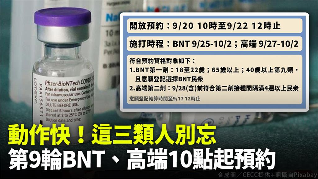 第9輪BNT、高端疫苗今天10時起開放預約。圖／指揮中心提供、Pixabay