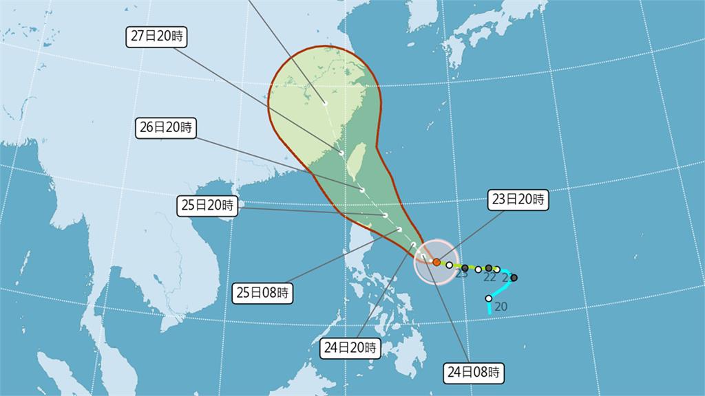 杜蘇芮颱風路徑潛勢預測圖，路徑再往南修。圖／中央氣象局