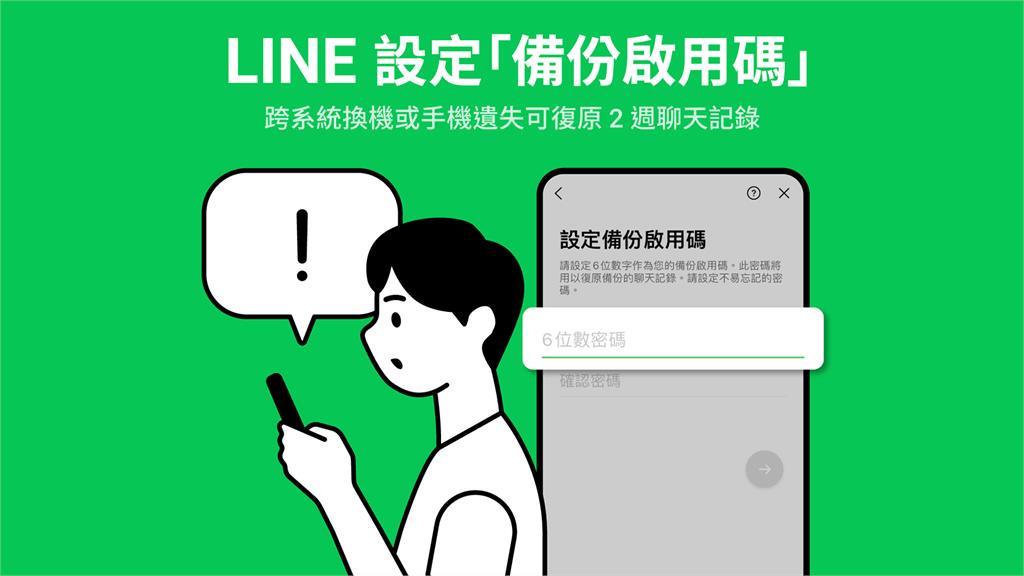 LINE新功能「備份啟用碼」可在跨系統換機、手機遺失時復原2週聊天記錄。圖／LINE Taiwan 提供
