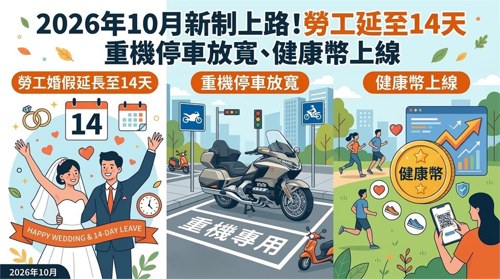 10月多項新制上路！婚假延長至14天 重機停車放寬、健康幣上線