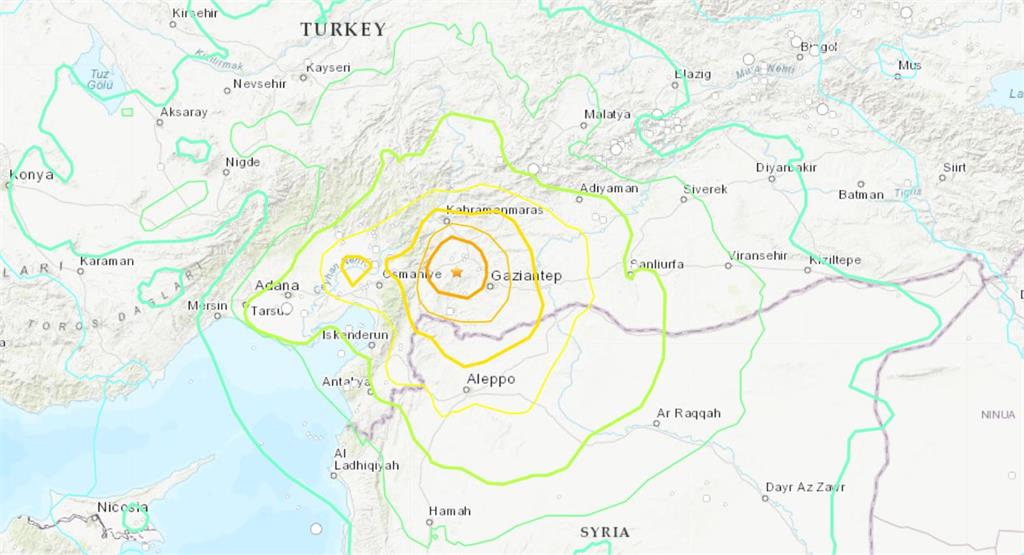 土耳其南部發生規模7.8地震。圖／翻攝自usgs.gov