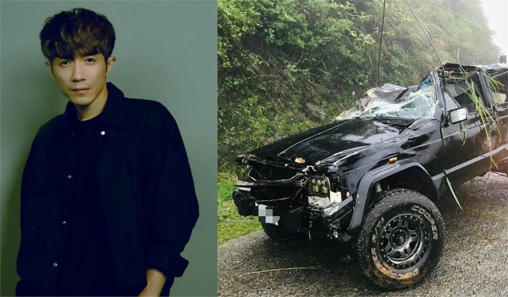 蕭閎仁驚爆「開車墜山谷」，PO出車撞爛的照片。圖／翻攝自蕭閎仁臉書