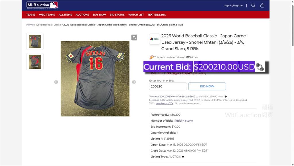 大谷翔平WBC「對台滿貫砲戰袍」拍賣！ 確定以新台幣4800萬落槌 