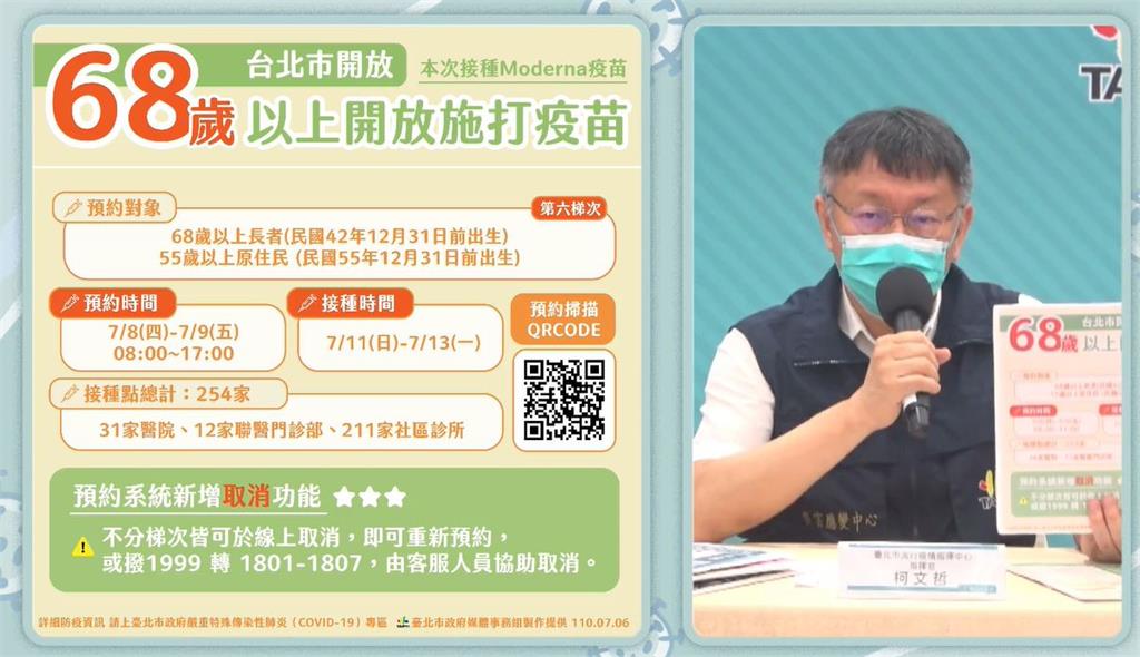 台北市長柯文哲宣布，台北市將開放68歲以上市民接種。圖／翻攝自Facebook @（DoctorKoWJ ）