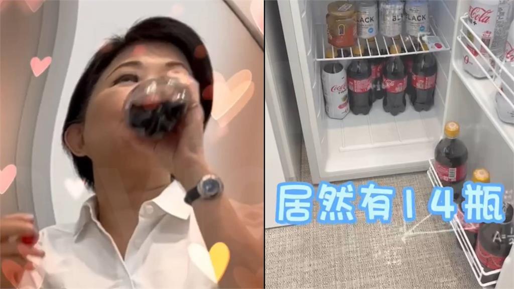 盧秀燕社群PO出喝可樂的影片，冰箱還庫存14瓶。圖／翻攝自盧秀燕IG