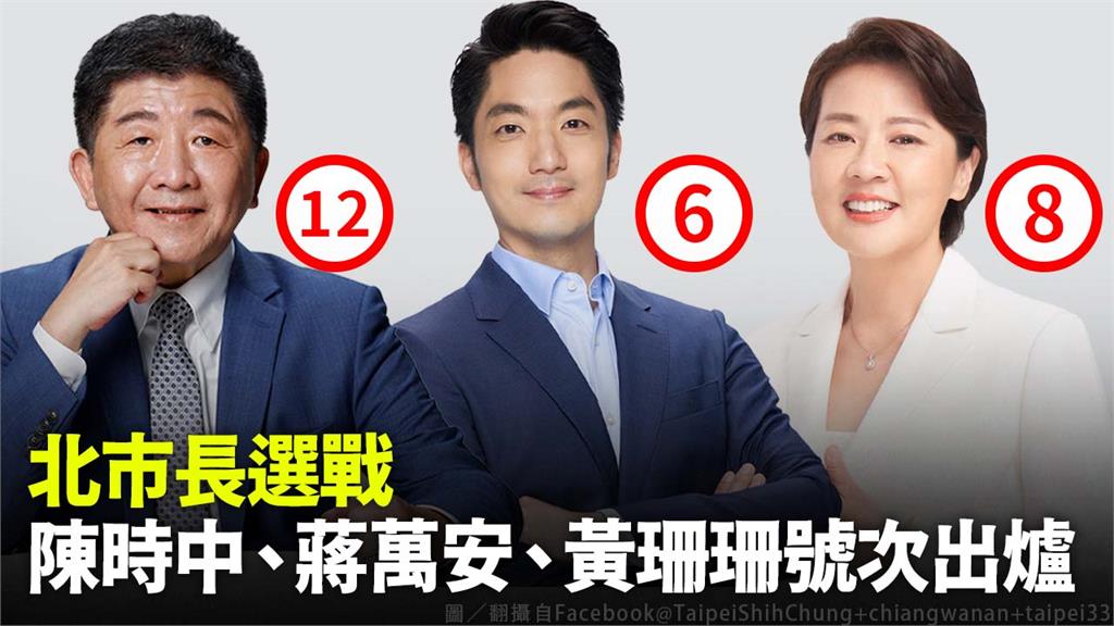 台北市長選戰號次出爐！　蔣萬安6、黃珊珊8、陳時...