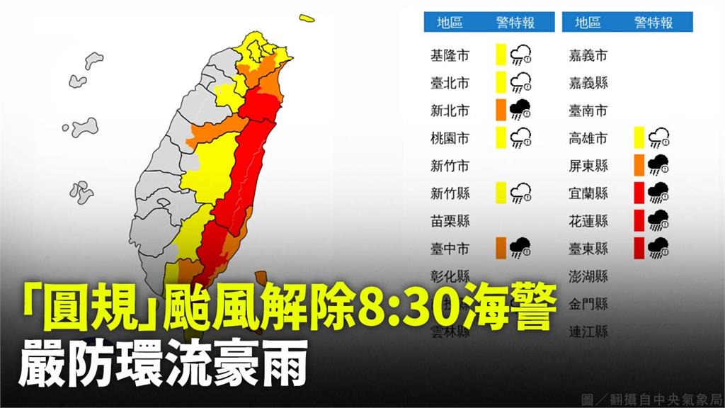 氣象局預計在今天上午8點30分解除圓規颱風海上颱風警報。圖／翻攝自中央氣象局